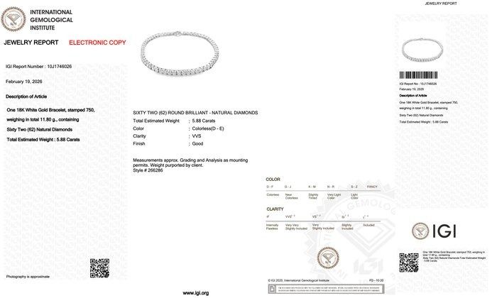 IGI-zertifiziertes 5,88 Karat Diamanten-Tennisarmband in 18 Karat Weißgold