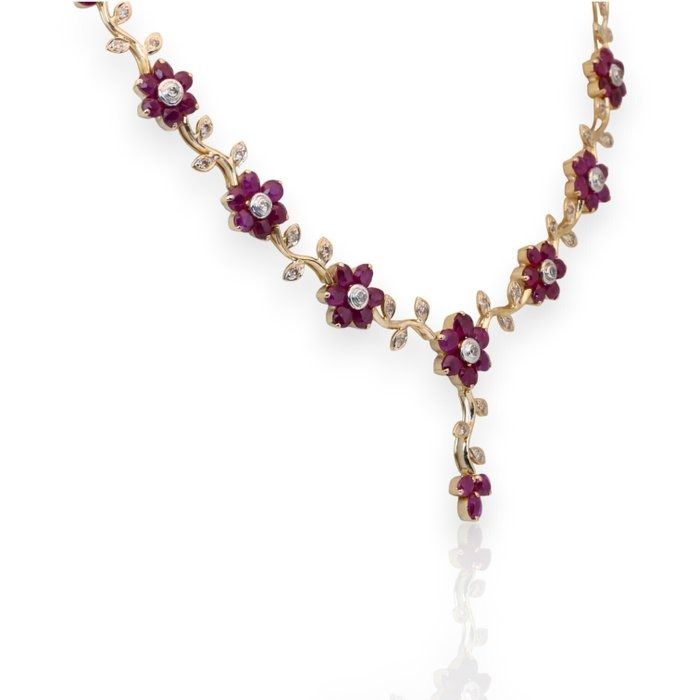 IGI Certified 6.05ct Rubies and Diamonds Drop Necklace in 18k Yellow Gold