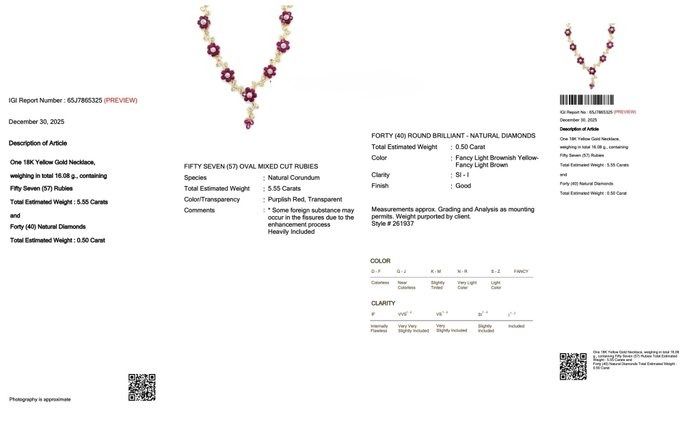 IGI Certified 6.05ct Rubies and Diamonds Drop Necklace in 18k Yellow Gold