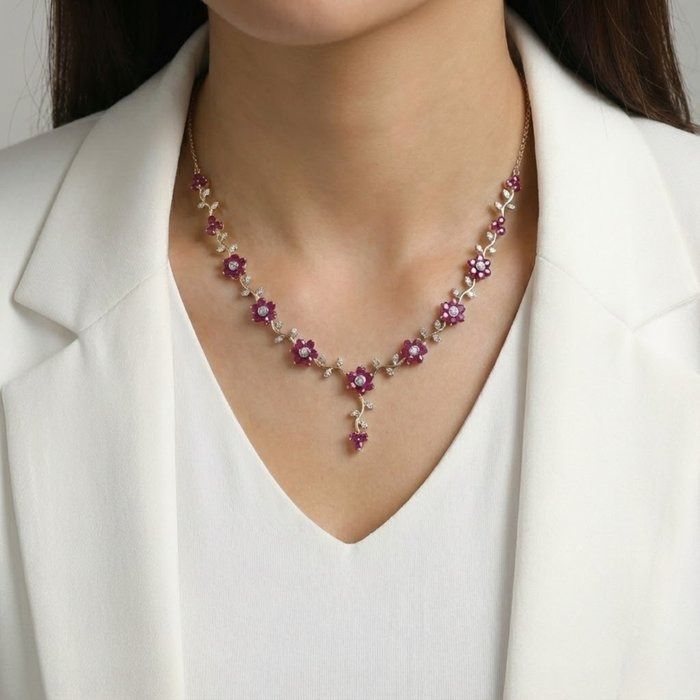 IGI Certified 6.05ct Rubies and Diamonds Drop Necklace in 18k Yellow Gold