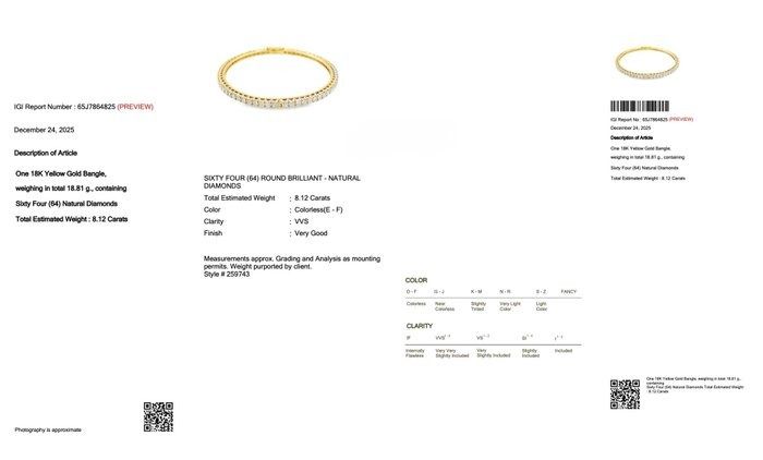 IGI Certified 8.12ct Diamonds Bangle in 18k Yellow Gold