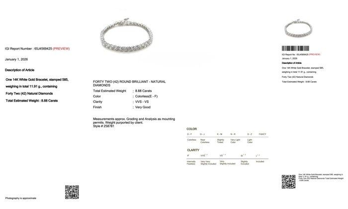 IGI Certified 8.88ct Diamonds Bracelet in 14k White Gold