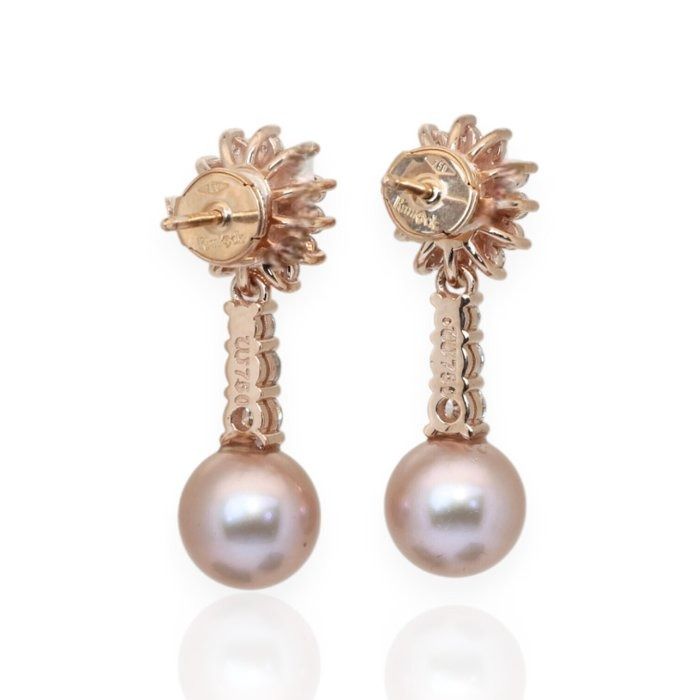 IGI Certified Sapphires, Fresh Water Cultured Pearls, and Diamonds Drop Earrings in 18k Rose Gold