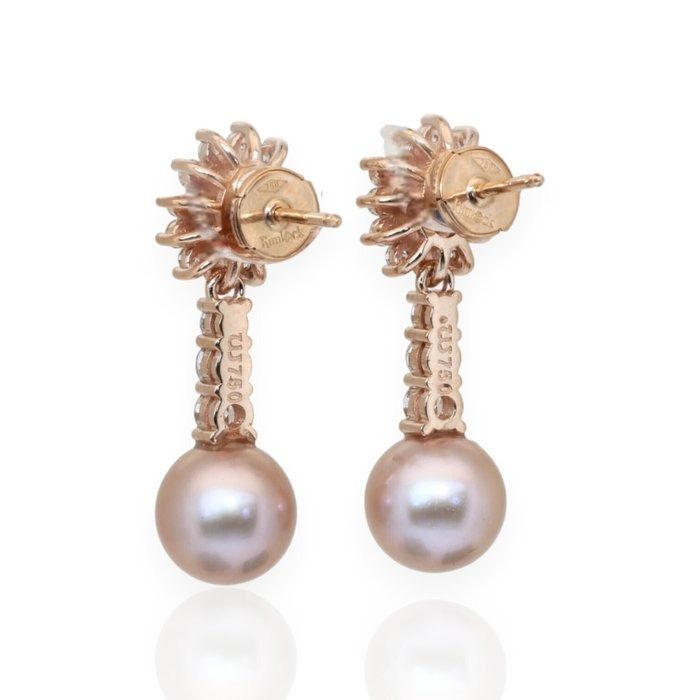 IGI Certified Sapphires, Fresh Water Cultured Pearls, and Diamonds Drop Earrings in 18k Rose Gold