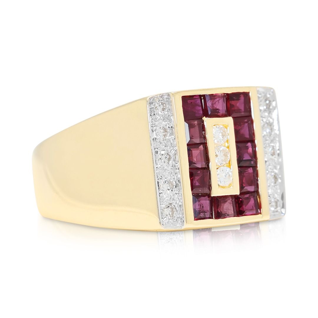 Imperial 0.83ct Natural Diamond and Red Ruby Signet Ring in 18K Yellow Gold
