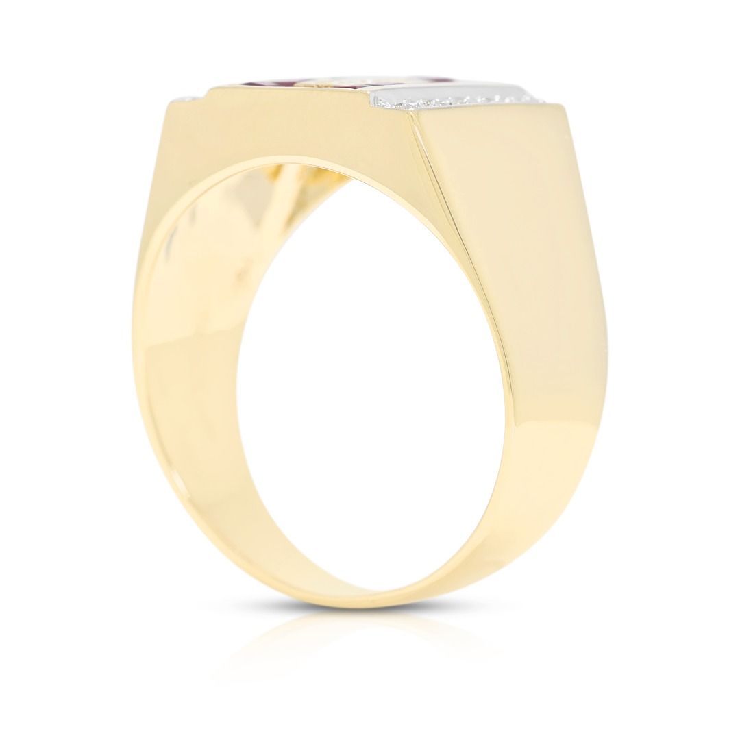 Imperial 0.83ct Natural Diamond and Red Ruby Signet Ring in 18K Yellow Gold