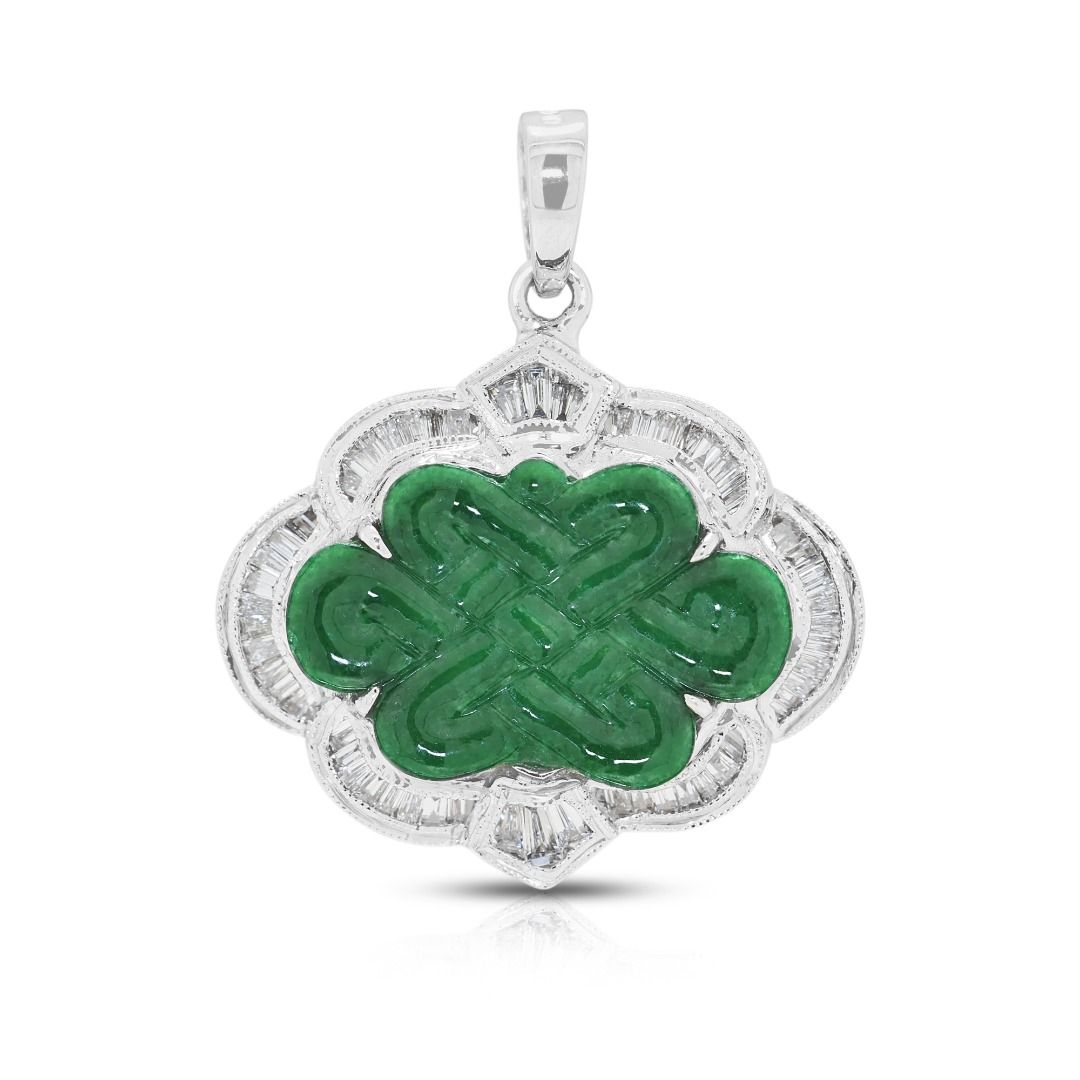 Imperial 1.04ct Natural Diamond and Carved Green Jade Pendant in 18K White Gold