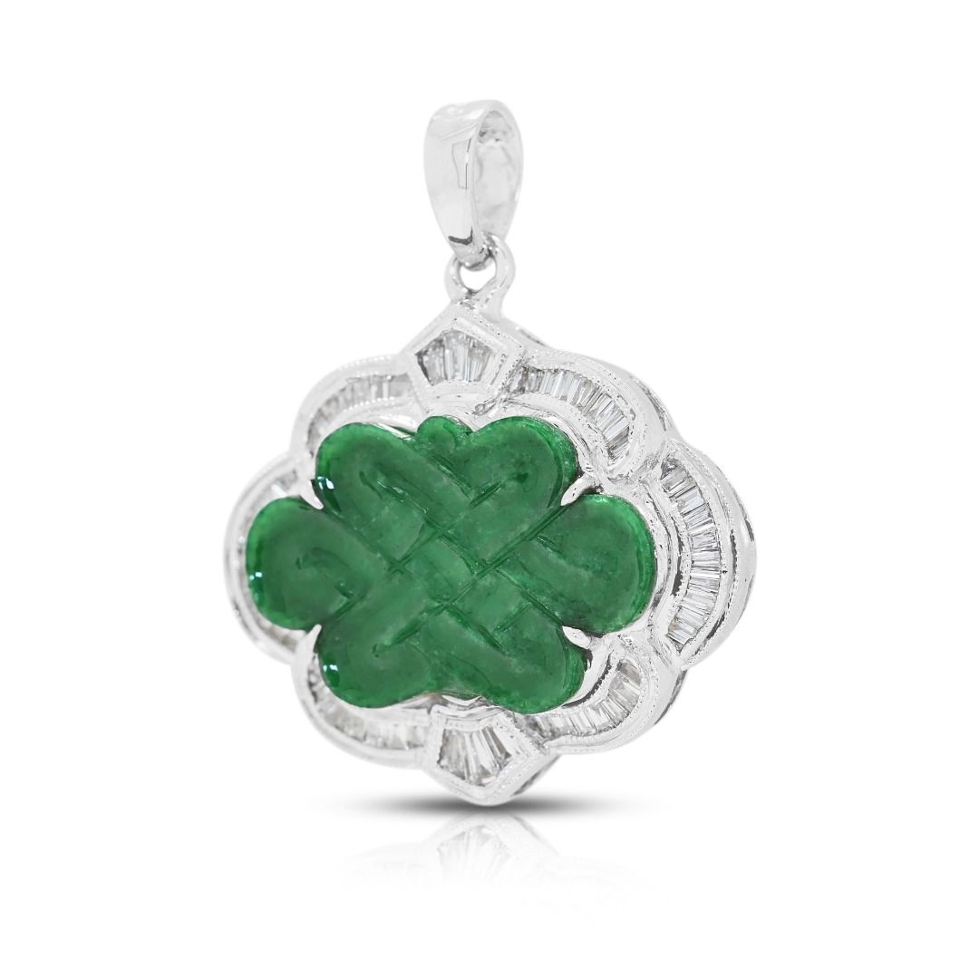 Imperial 1.04ct Natural Diamond and Carved Green Jade Pendant in 18K White Gold