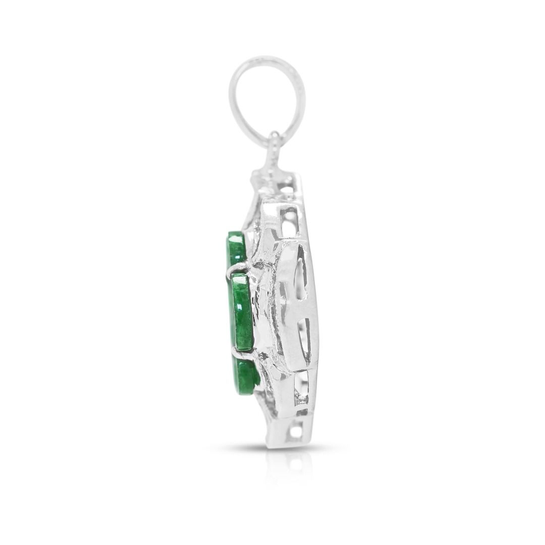 Imperial 1.04ct Natural Diamond and Carved Green Jade Pendant in 18K White Gold