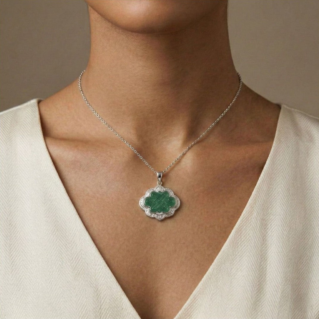 Imperial 1.04ct Natural Diamond and Carved Green Jade Pendant in 18K White Gold