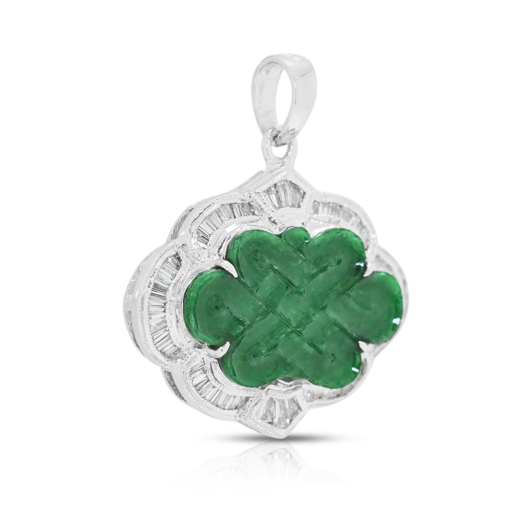 Imperial 1.04ct Natural Diamond and Carved Green Jade Pendant in 18K White Gold