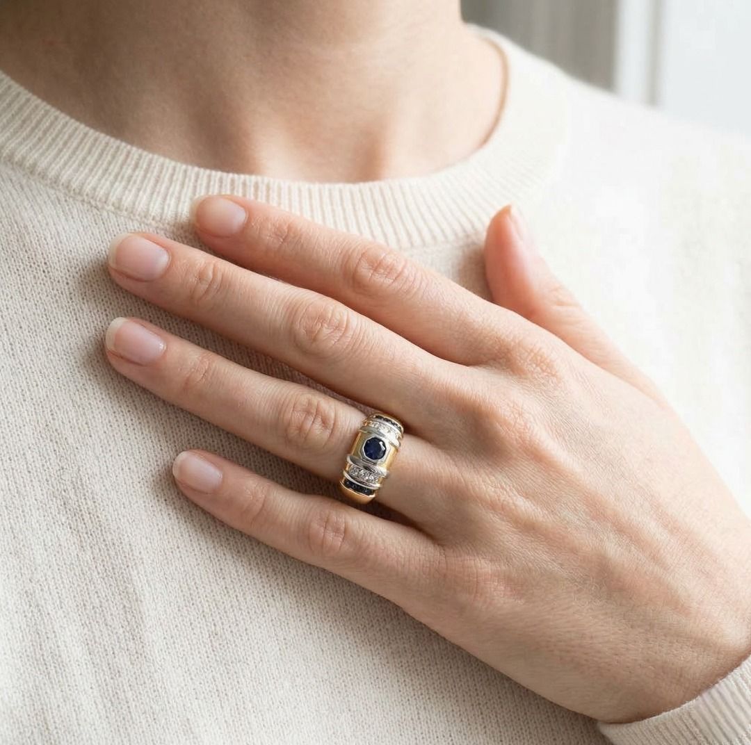 Imperial 1.04ct Natural Diamond and Sapphire Two-Toned Statement Ring in 18K Two-Toned Gold