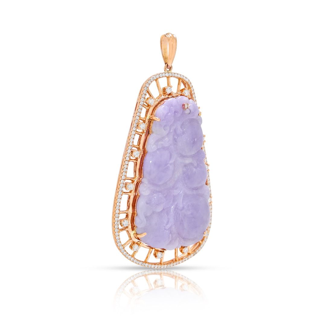 Imperial 6.18ct Carved Lavender Jade and Diamond Statement Pendant in 18K Rose Gold