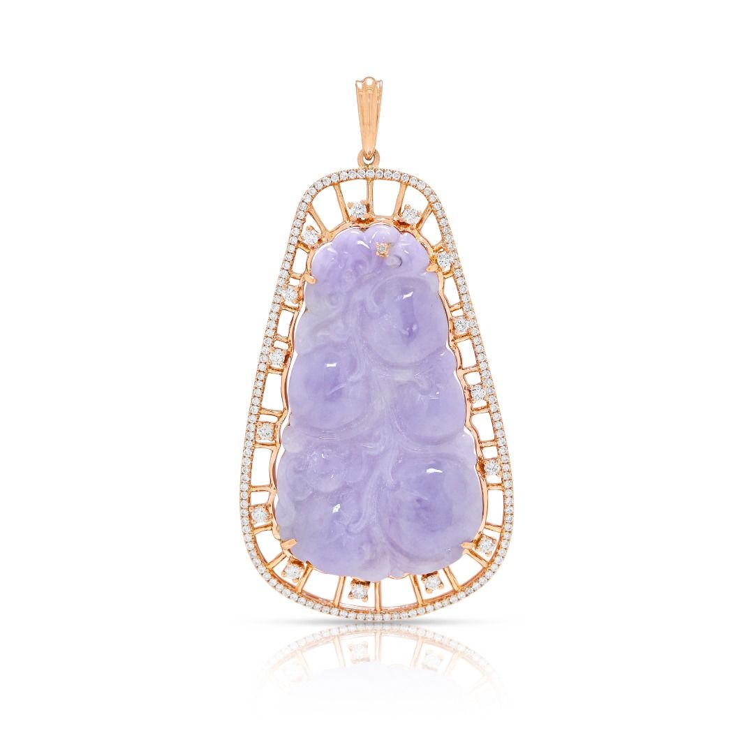 Imperial 6.18ct Carved Lavender Jade and Diamond Statement Pendant in 18K Rose Gold