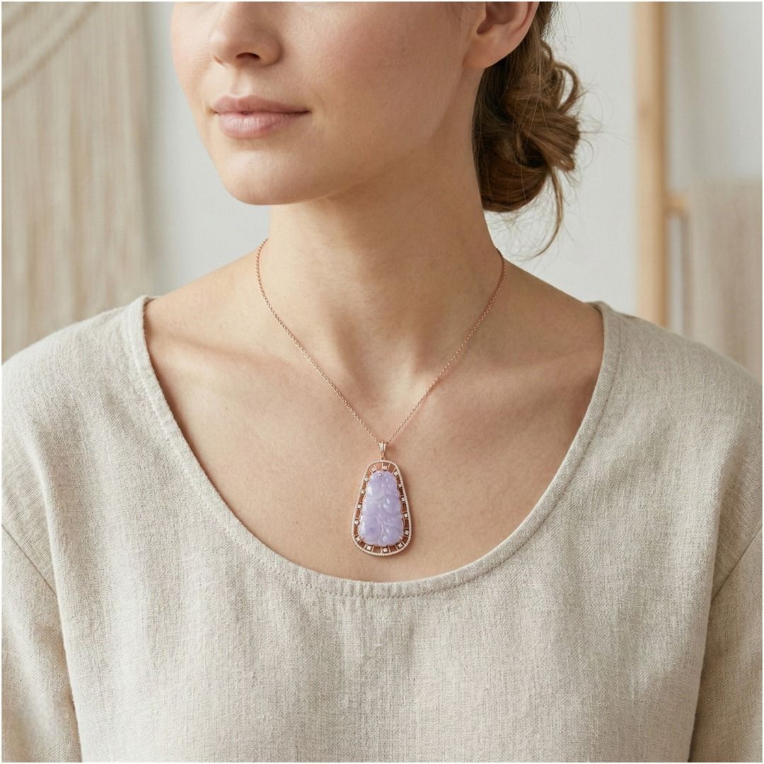 Imperial 6.18ct Carved Lavender Jade and Diamond Statement Pendant in 18K Rose Gold