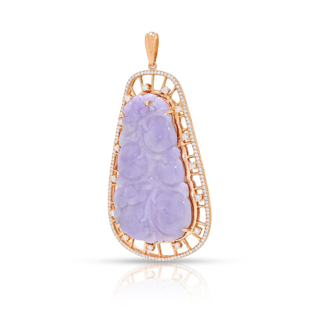 Imperial 6.18ct Carved Lavender Jade and Diamond Statement Pendant in 18K Rose Gold