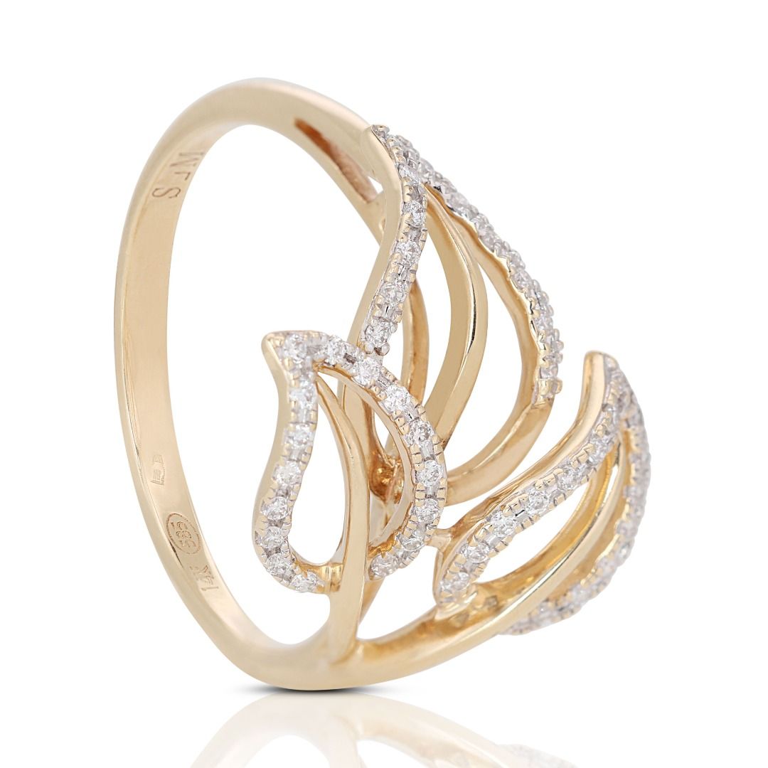 Intricate 0.24ct Leaf-design Diamond Ring in 14K Yellow Gold
