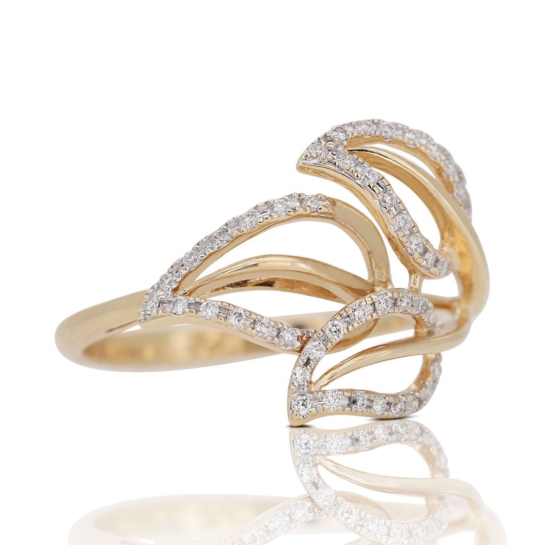 Intricate 0.24ct Leaf-design Diamond Ring in 14K Yellow Gold