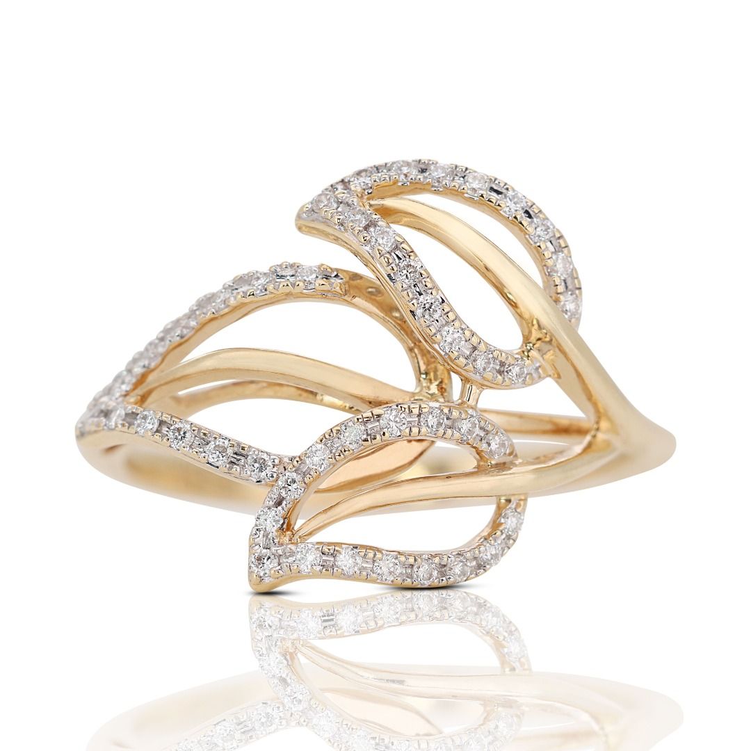 Intricate 0.24ct Leaf-design Diamond Ring in 14K Yellow Gold