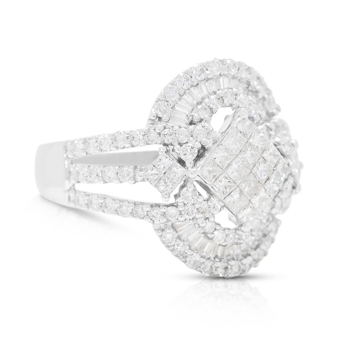 Intricate 1.80ct Natural Diamond Princess, Round Brilliant and Tapered Halo Ring in 18K White Gold