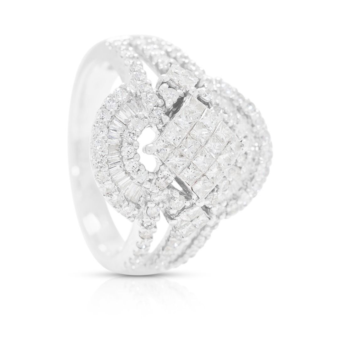 Intricate 1.80ct Natural Diamond Princess, Round Brilliant and Tapered Halo Ring in 18K White Gold
