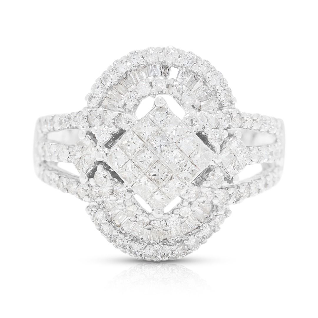 Intricate 1.80ct Natural Diamond Princess, Round Brilliant and Tapered Halo Ring in 18K White Gold