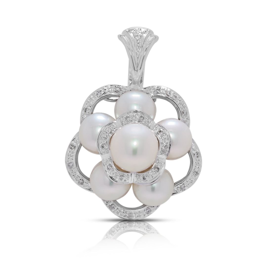 Intricate Akoya Pearl & 0.08ct Natural Diamond Pendant in 18K White Gold