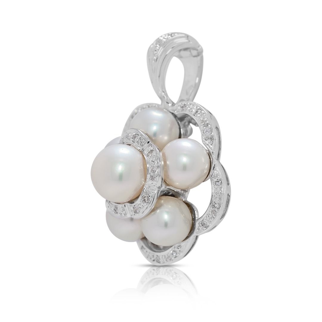 Intricate Akoya Pearl & 0.08ct Natural Diamond Pendant in 18K White Gold