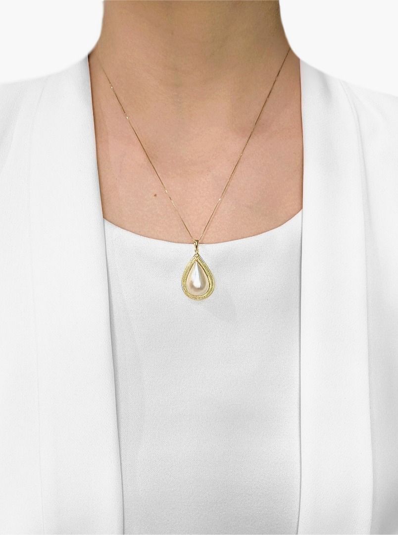 Luminous 0.01ct Natural Diamond & Mabe Pearl 14K Yellow Gold Pendant