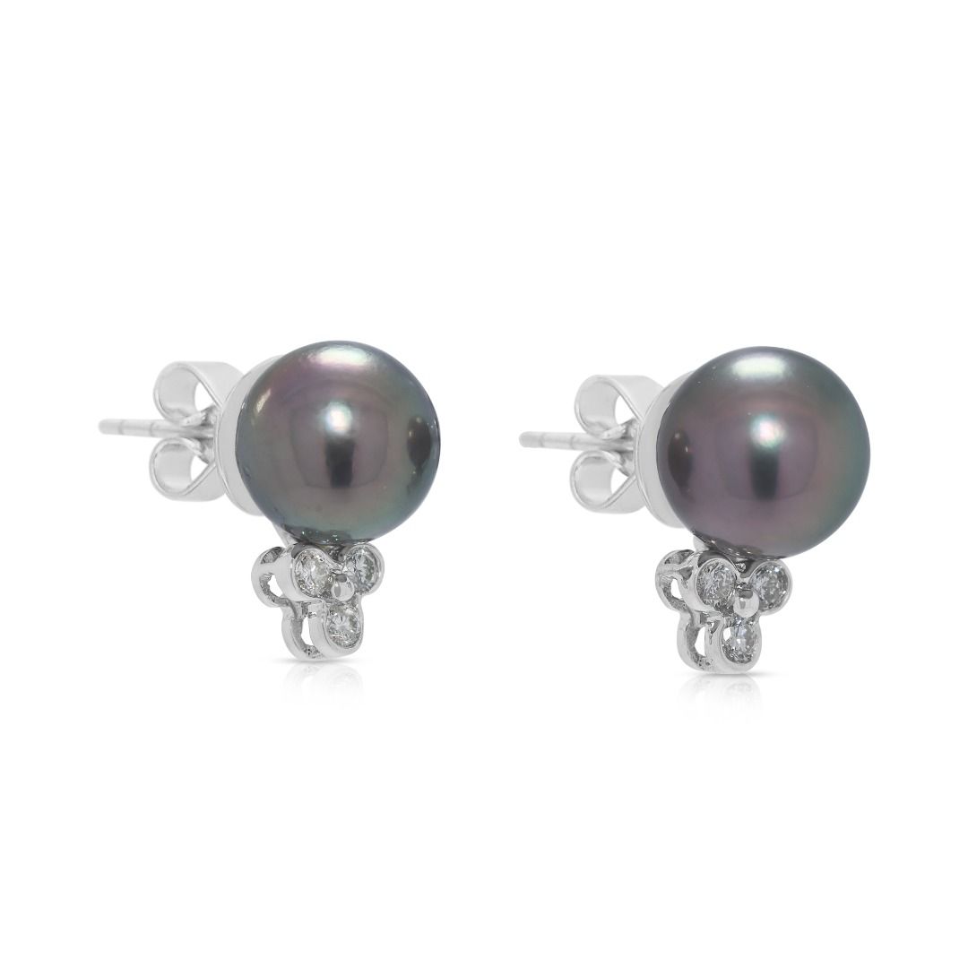 Luminous 0.12ct Natural Diamond & Freshwater Pearl 18K White Gold Stud Earrings
