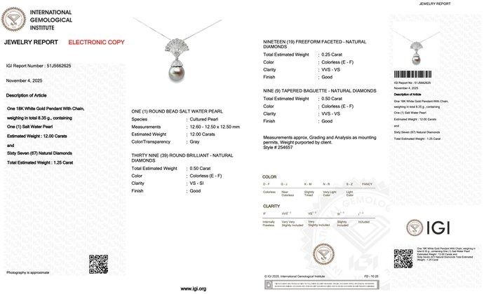 Luminous 13.25ct Tahitian Cultured Pearl and Diamonds Necklace in 18k White Gold - IGI Certified