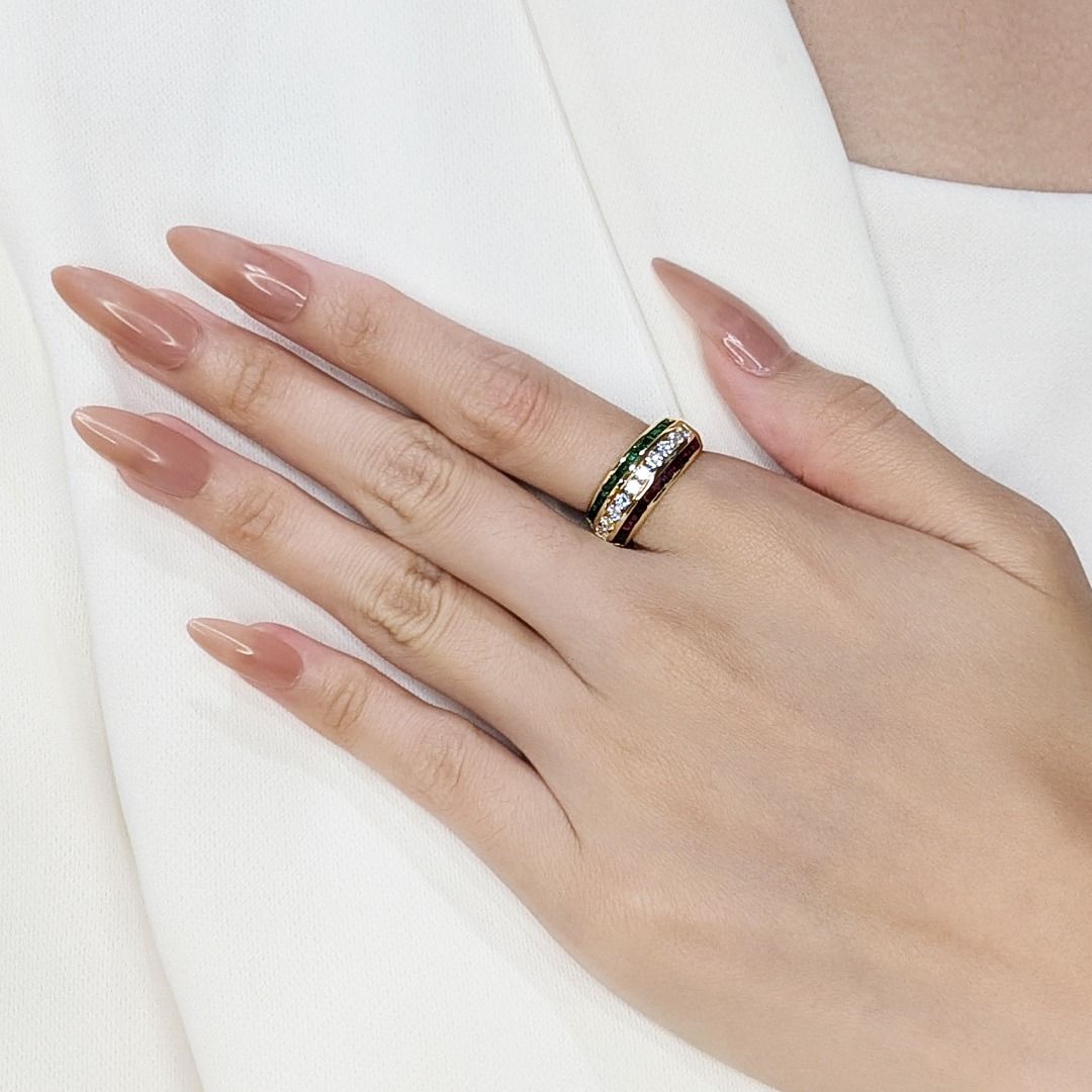 Luminous 1.45ct Ruby, Emerald, and Natural Diamonds Ring in 18K Yellow Gold