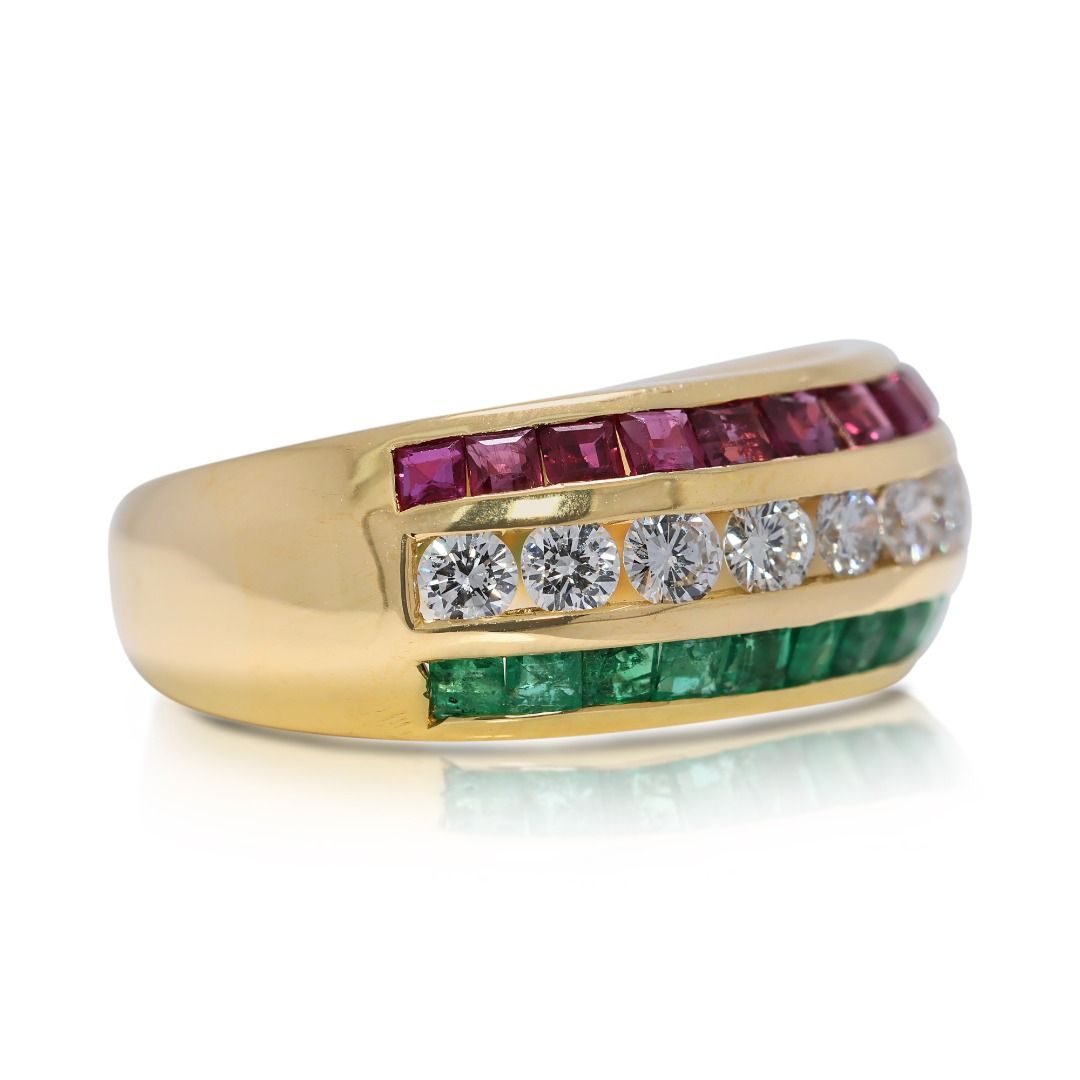 Luminous 1.45ct Ruby, Emerald, and Natural Diamonds Ring in 18K Yellow Gold