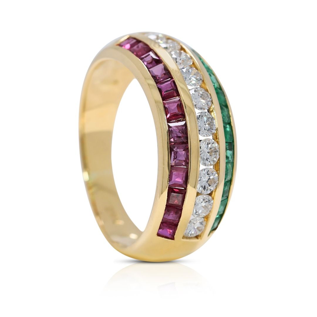 Luminous 1.45ct Ruby, Emerald, and Natural Diamonds Ring in 18K Yellow Gold