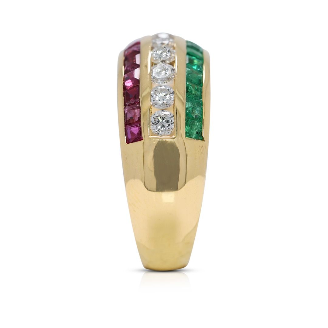 Luminous 1.45ct Ruby, Emerald, and Natural Diamonds Ring in 18K Yellow Gold