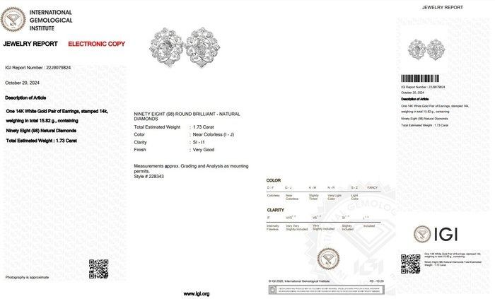 Luminous 1.73ct Diamond Earrings in 14k White Gold - IGI Certificate