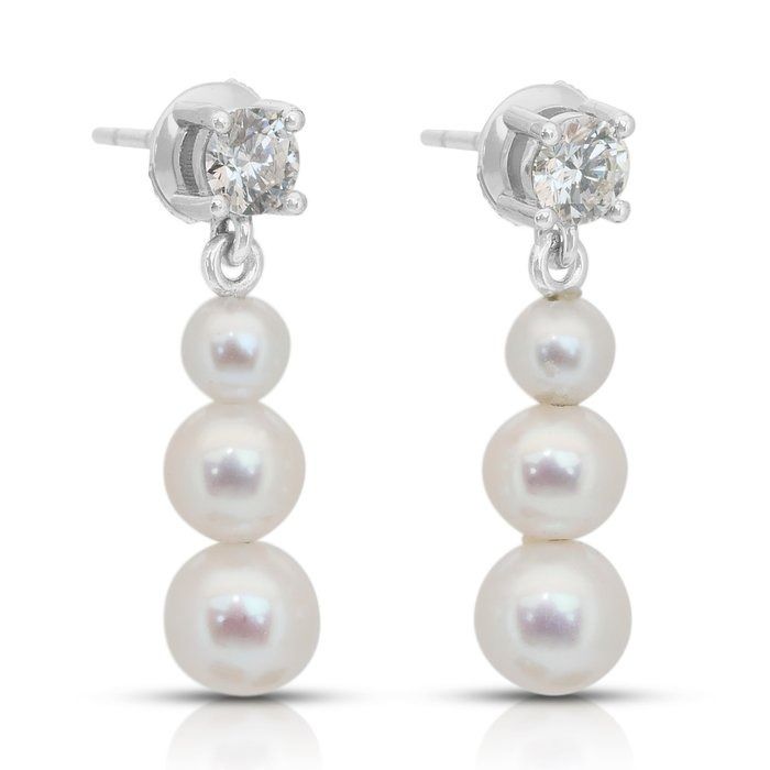 Luminous 7.52ct Fresh Water Cultured Pearls and Diamonds Drop Earrings in 18k White Gold - IGI Certified