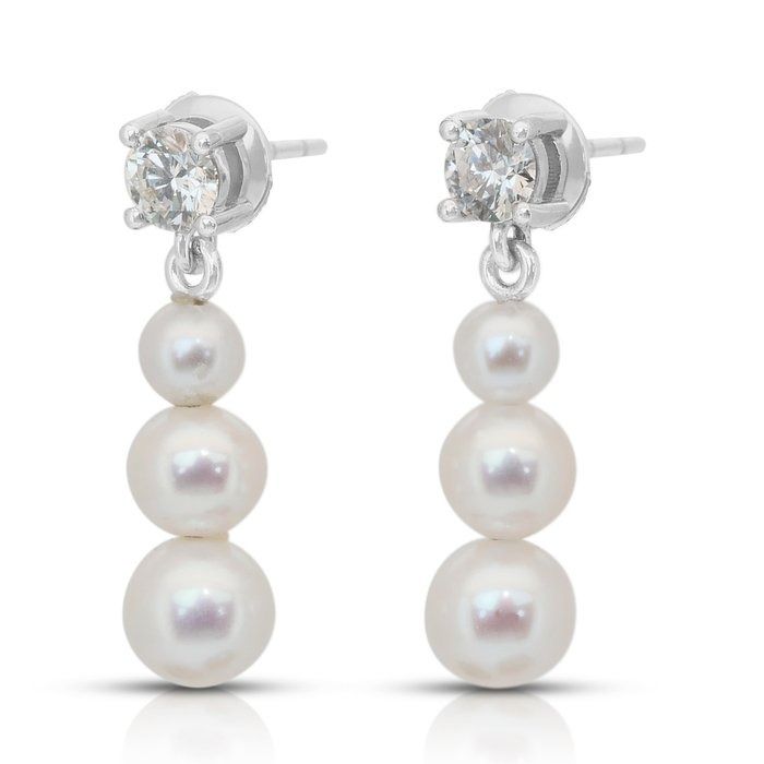 Luminous 7.52ct Fresh Water Cultured Pearls and Diamonds Drop Earrings in 18k White Gold - IGI Certified
