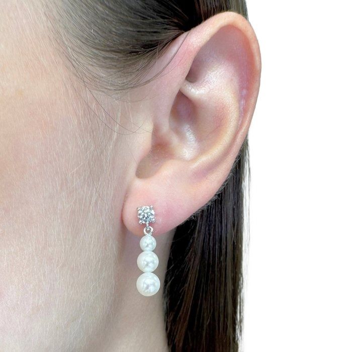 Luminous 7.52ct Fresh Water Cultured Pearls and Diamonds Drop Earrings in 18k White Gold - IGI Certified