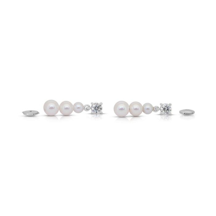 Luminous 7.52ct Fresh Water Cultured Pearls and Diamonds Drop Earrings in 18k White Gold - IGI Certified