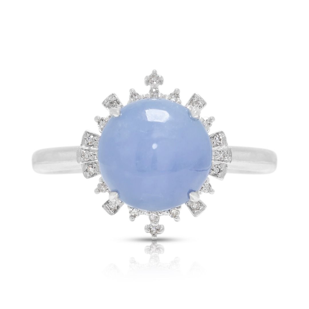 Luminous 8.9mm Purple Jade Halo Ring with 0.11ct Diamonds in 18K White Gold
