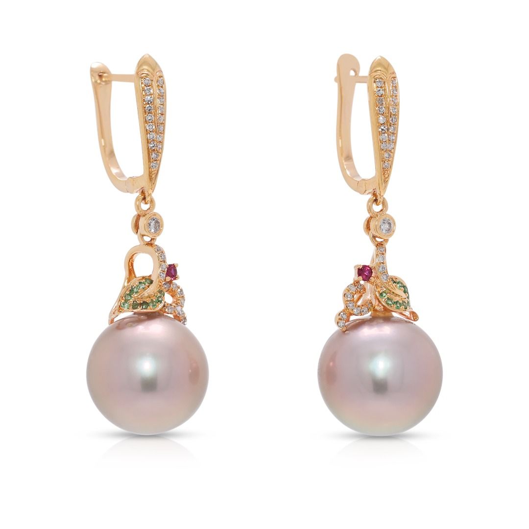 Lush 12mm Pearl and 0.32ct Garnet, Ruby and Diamond Drop Earrings in 18K Rose Gold