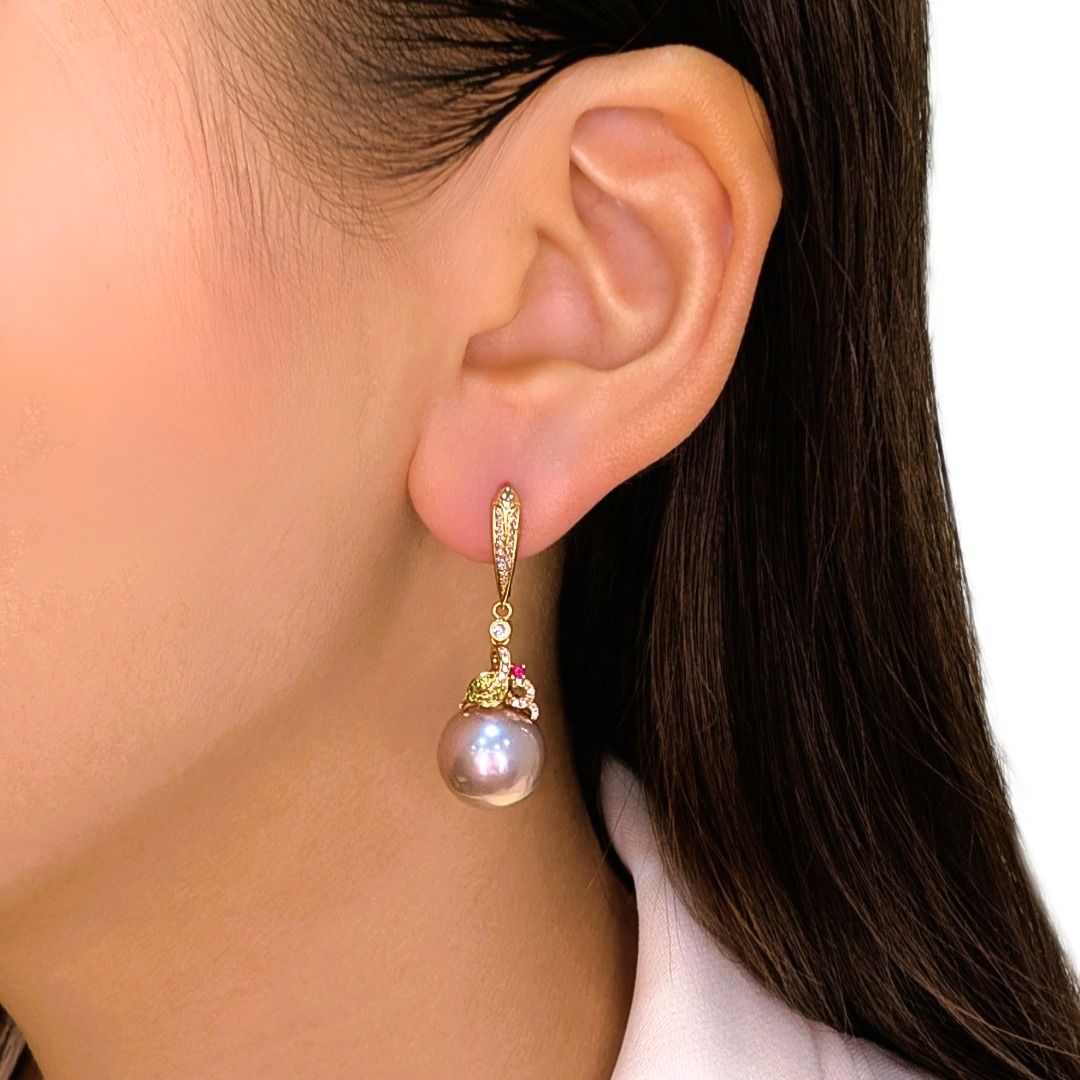 Lush 12mm Pearl and 0.32ct Garnet, Ruby and Diamond Drop Earrings in 18K Rose Gold
