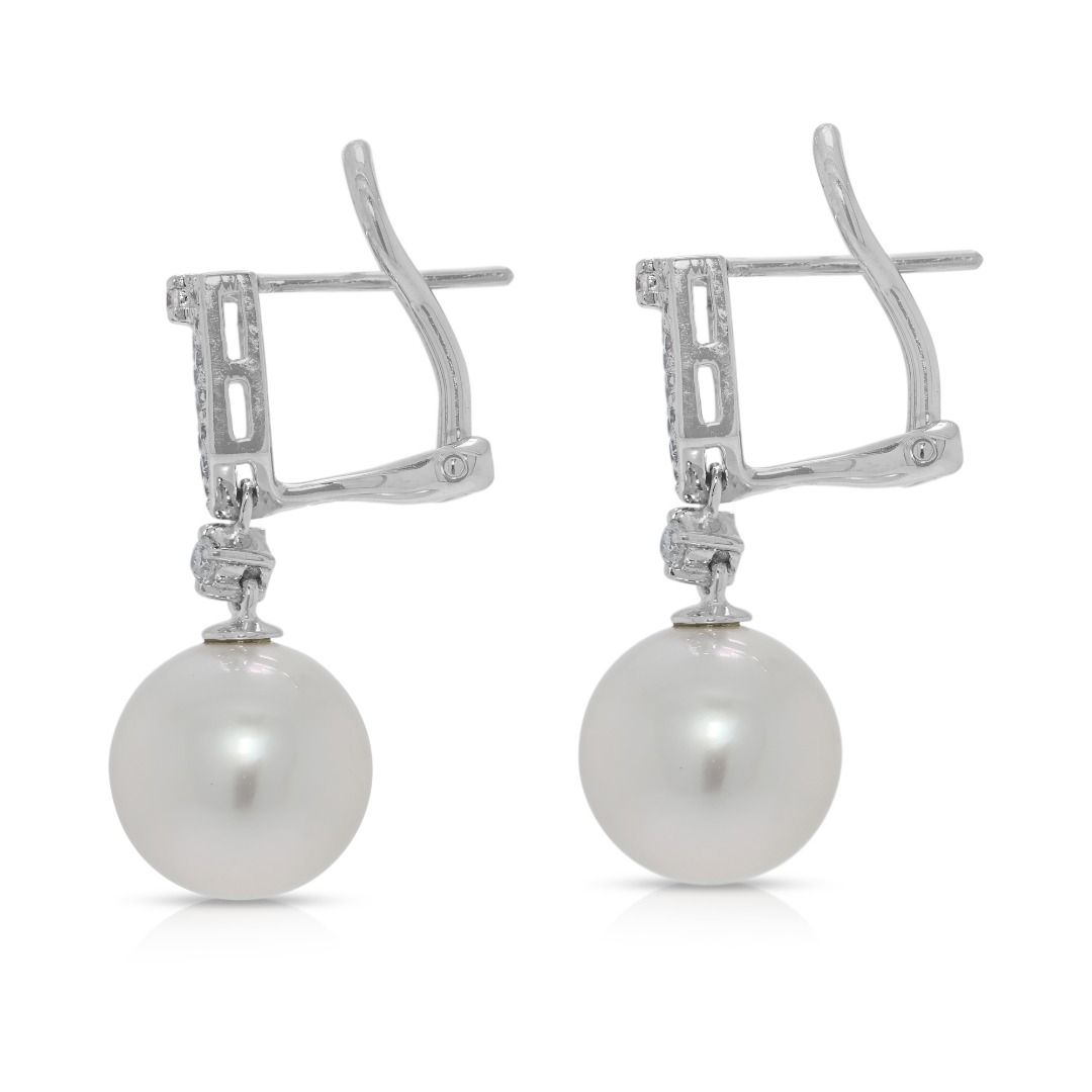 Lustrous 0.32ct Natural Diamond & Akoya Pearl Drop Earrings in 18K White Gold