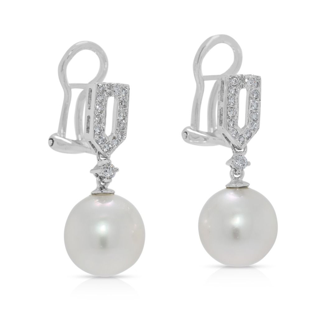 Lustrous 0.32ct Natural Diamond & Akoya Pearl Drop Earrings in 18K White Gold