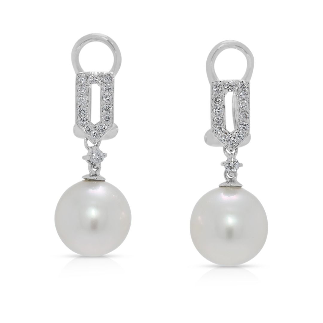 Lustrous 0.32ct Natural Diamond & Akoya Pearl Drop Earrings in 18K White Gold