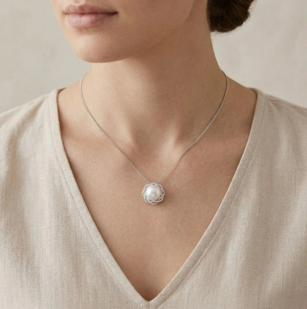 Lustrous 0.40ct Diamond & South Sea Pearl Pendant in 18K White Gold