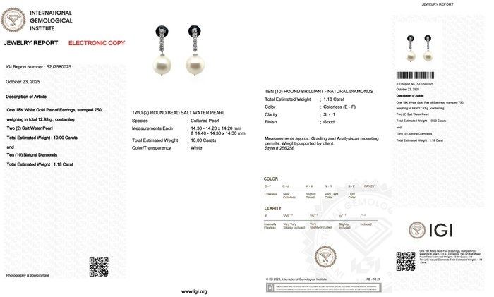 Lustrous 11.18ct South Sea Cultured Pearls and Diamonds Drop Earrings in 18k White Gold - IGI Certified