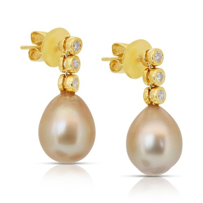 Lustrous 11.48ct Salt Water Pearls and Diamonds Drop Earrings in 18k Yellow Gold - IGI Certified