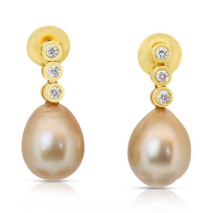 Lustrous 11.48ct Salt Water Pearls and Diamonds Drop Earrings in 18k Yellow Gold - IGI Certified